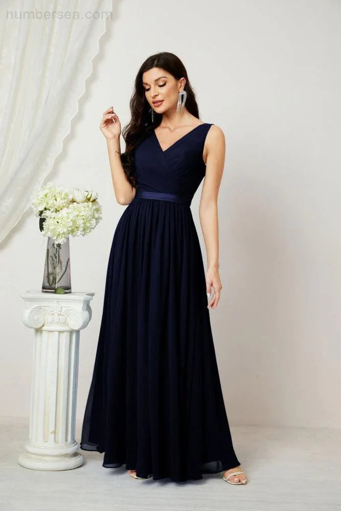 Abito da Sera Donna in Chiffon Lungo per Damigelle, Scollato, Senza Maniche, Linea A, per Feste Serali, Ballo di Fine Anno e Homecoming, Modello 2808