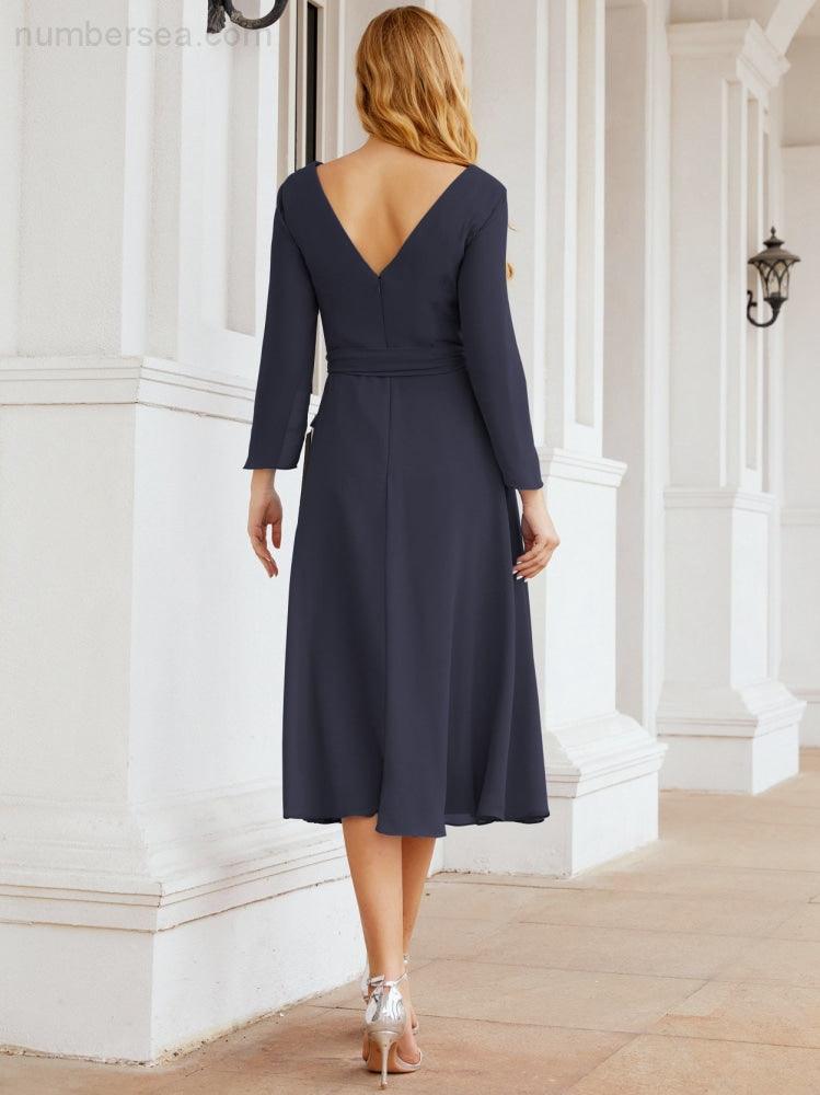 Vestido de madrinha com decote em V e cinto para mãe da noiva e convidada de casamento 28031 