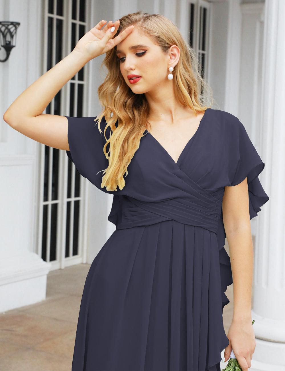 Numbersea Chiffon Bridesmaid Dresses Long Formal Evening Prom Mother of The Bride Dress with Flutter Sleeve     SEA28040