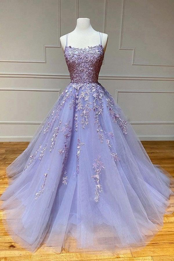 Langes Ballkleid mit Tüllspitze und U-Ausschnitt und Spaghettiträgern, formelle Abendkleider PSK014