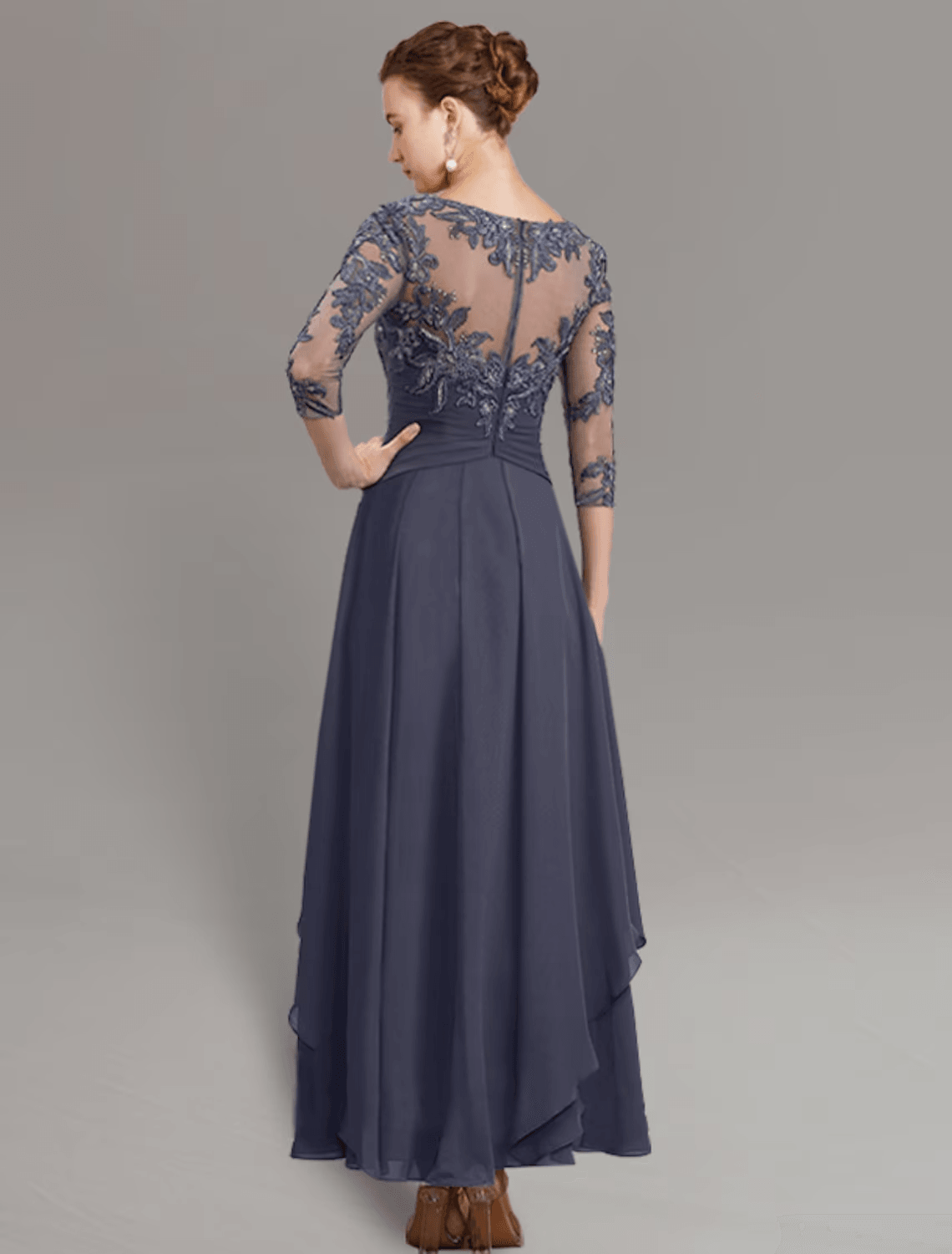 Vestido de festa tubinho/coluna para mãe da noiva, convidada de casamento, simples, elegante, decote em joia, comprimento até ao tornozelo, chiffon, renda, manga 3/4 com pregas, lantejoulas