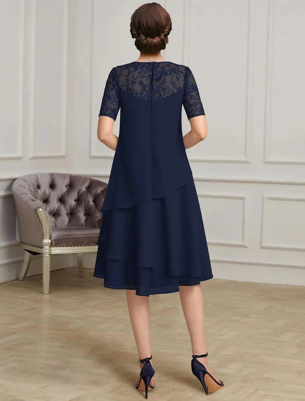 Mother of the Bride Dress Elegant Jewel Neck Length Chiffon Short Sleeve with Lace