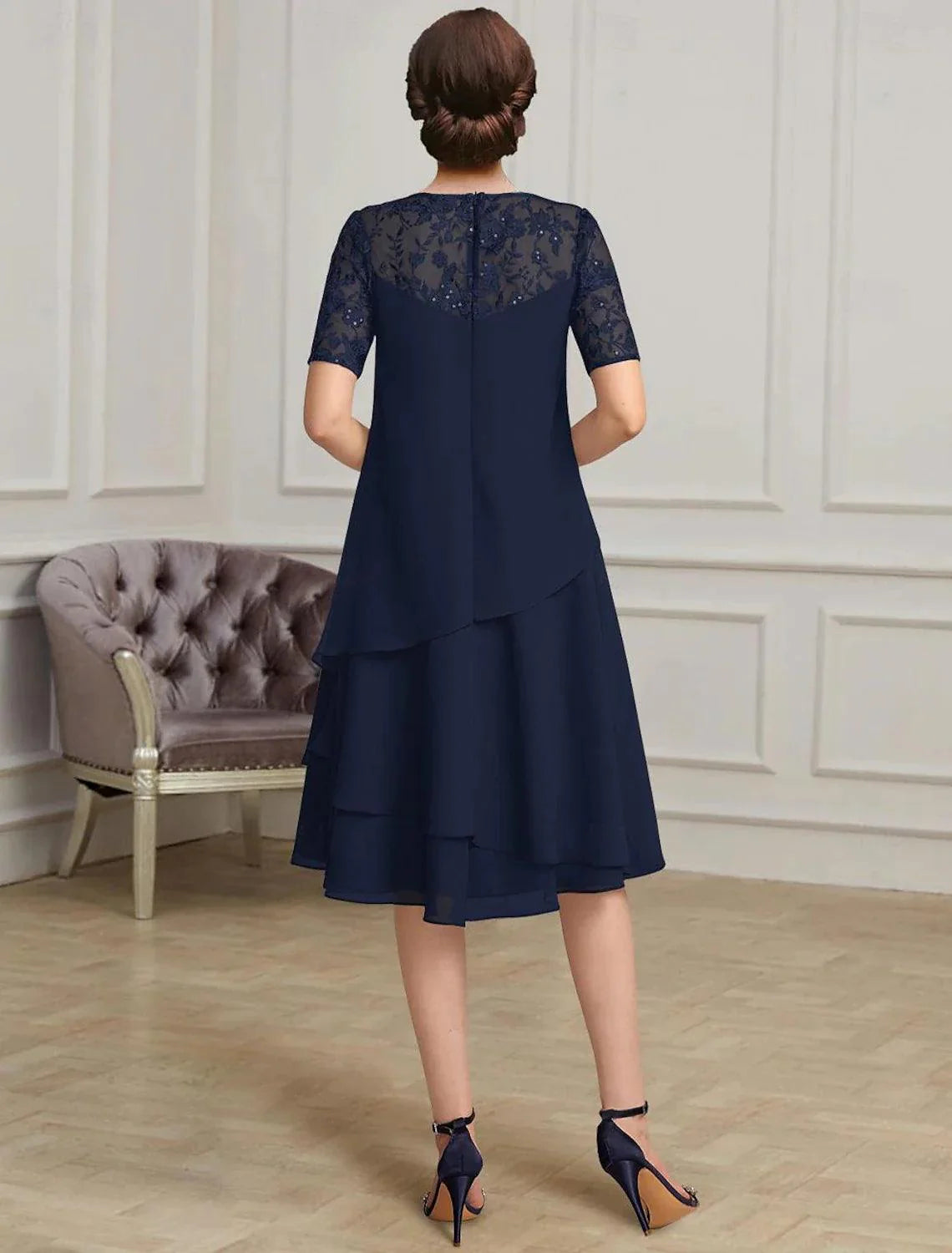 Mother of the Bride Dress Elegant Jewel Neck Length Chiffon Short Sleeve with Lace