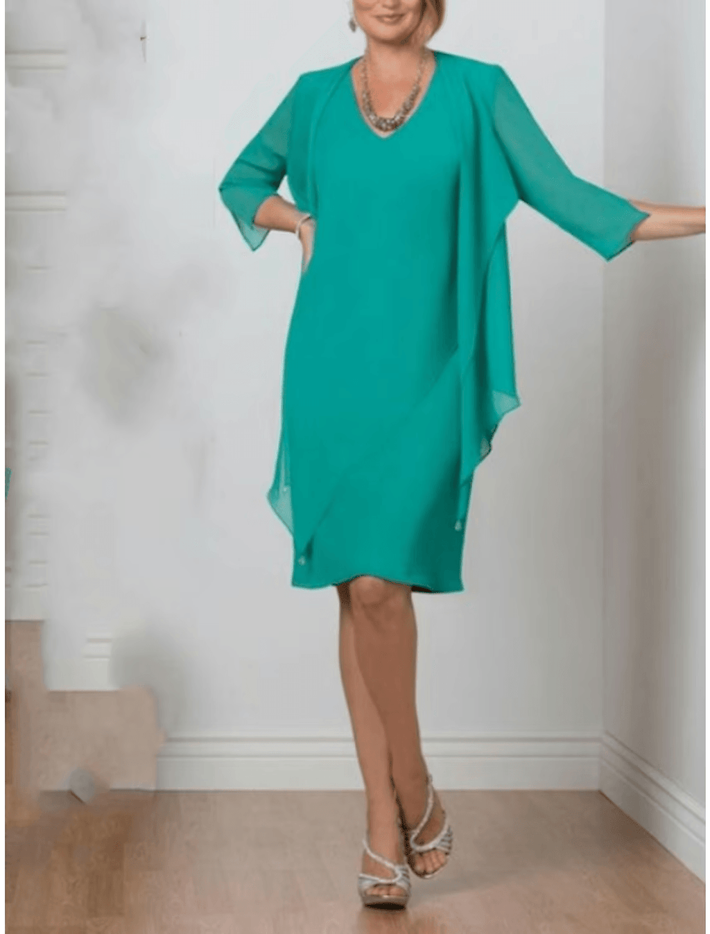 Vestido de duas peças para mãe da noiva, convidada de casamento, simples, elegante, decote em V, comprimento até ao joelho, chiffon, manga 3/4, cor sólida