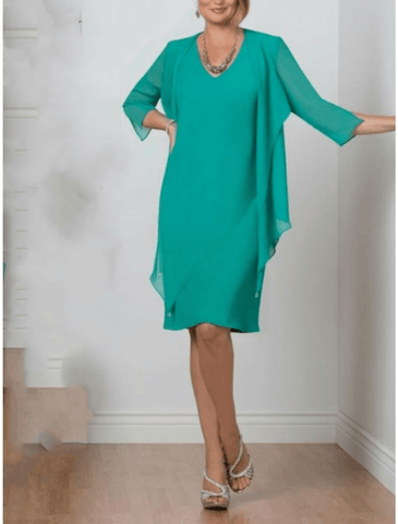 Zweiteiliges Kleid für die Mutter der Braut, Hochzeitsgast, schlicht, elegant, V-Ausschnitt, knielang, Chiffon, 3/4-Ärmel, einfarbig