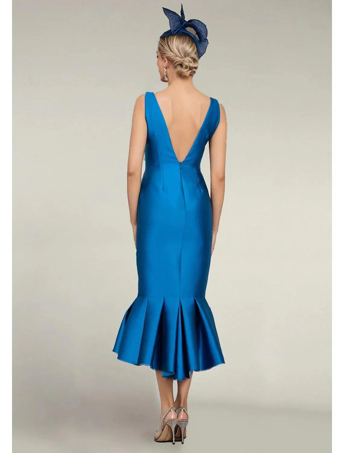 Vestido de mãe da noiva de duas peças, sereia, elegante, com decote em joia, comprimento chá, cetim, meia manga, com botões