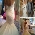 Robe de mariée dos nu à col en V abordable et sexy, style sirène à bretelles spaghetti, dentelle, boutons et traîne chapelle, WD0079