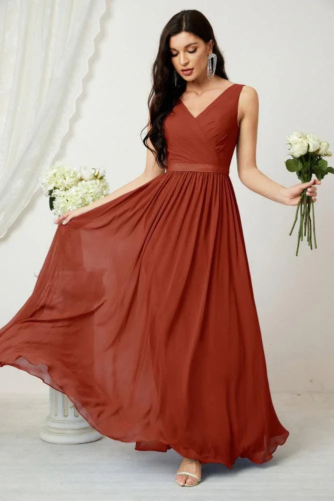 Vestido de dama de honor largo de gasa para mujer, línea A sin mangas, vestido formal de baile de graduación para fiesta nocturna, vestido de regreso a casa 2808