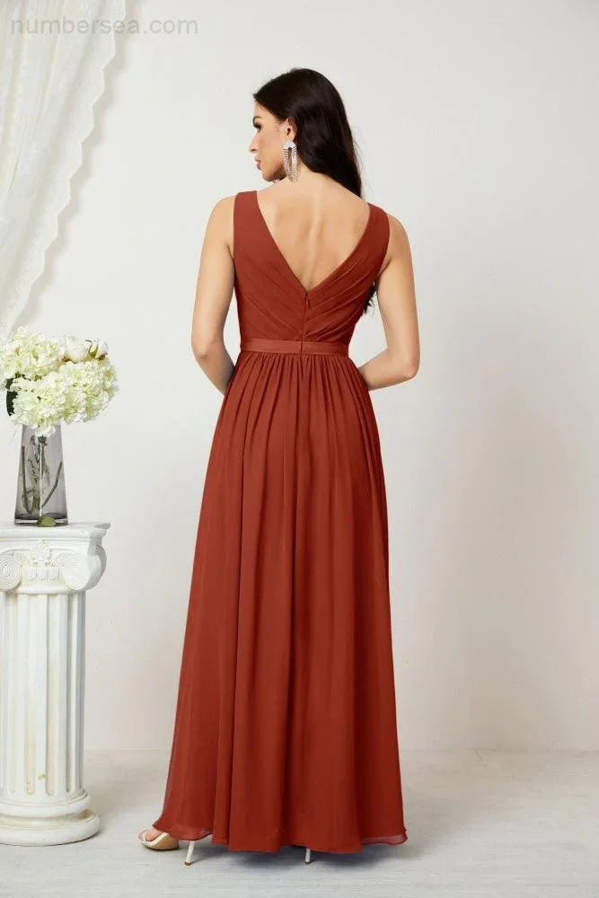 Abito da Sera Donna in Chiffon Lungo per Damigelle, Scollato, Senza Maniche, Linea A, per Feste Serali, Ballo di Fine Anno e Homecoming, Modello 2808