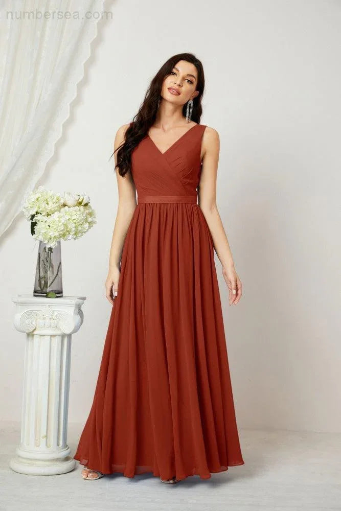 Abito da Sera Donna in Chiffon Lungo per Damigelle, Scollato, Senza Maniche, Linea A, per Feste Serali, Ballo di Fine Anno e Homecoming, Modello 2808