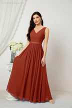 Abito da Sera Donna in Chiffon Lungo per Damigelle, Scollato, Senza Maniche, Linea A, per Feste Serali, Ballo di Fine Anno e Homecoming, Modello 2808