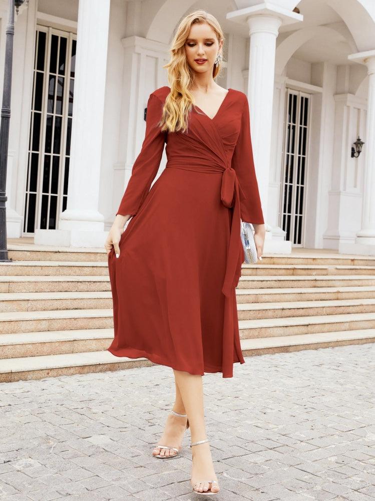 Vestido de madrinha com decote em V e cinto para mãe da noiva e convidada de casamento 28031 