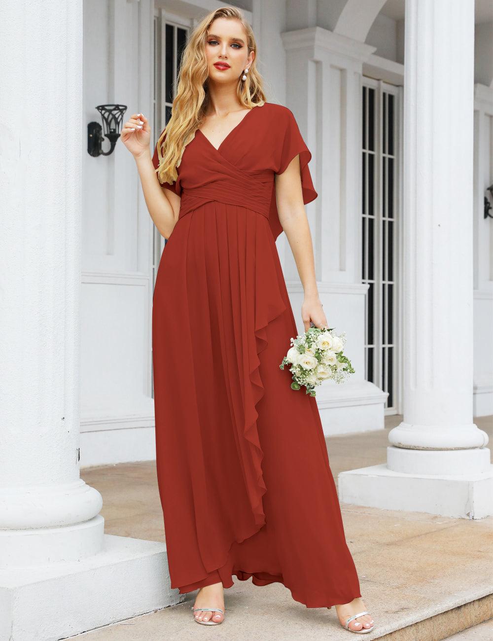 Numbersea Chiffon Bridesmaid Dresses Long Formal Evening Prom Mother of The Bride Dress with Flutter Sleeve     SEA28040