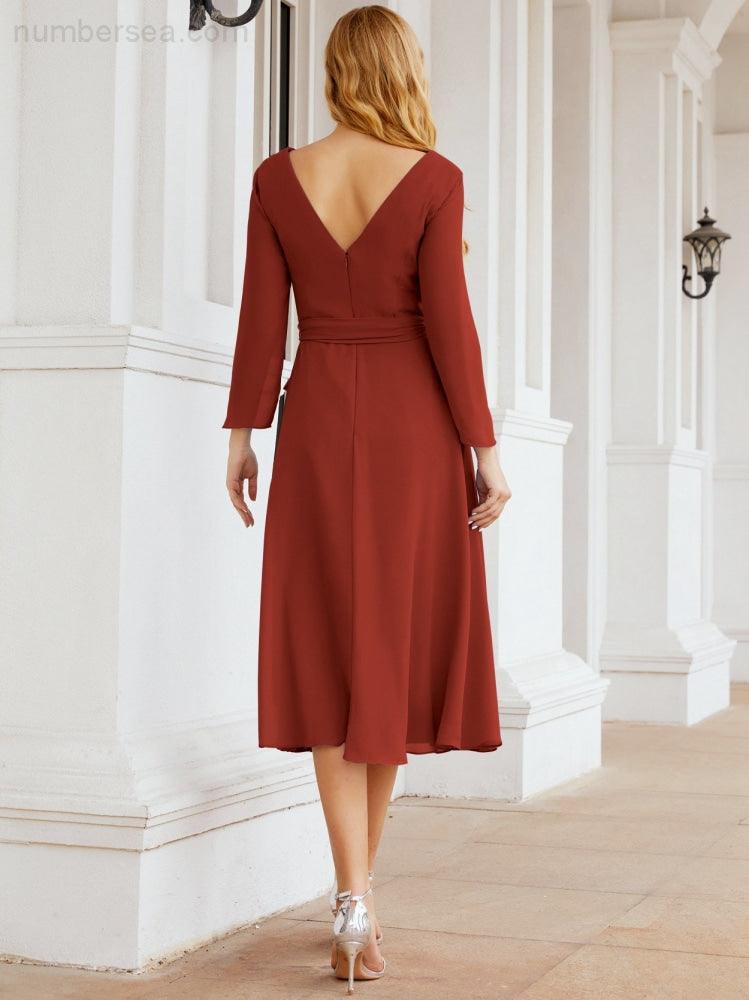 Vestido de madrinha com decote em V e cinto para mãe da noiva e convidada de casamento 28031 