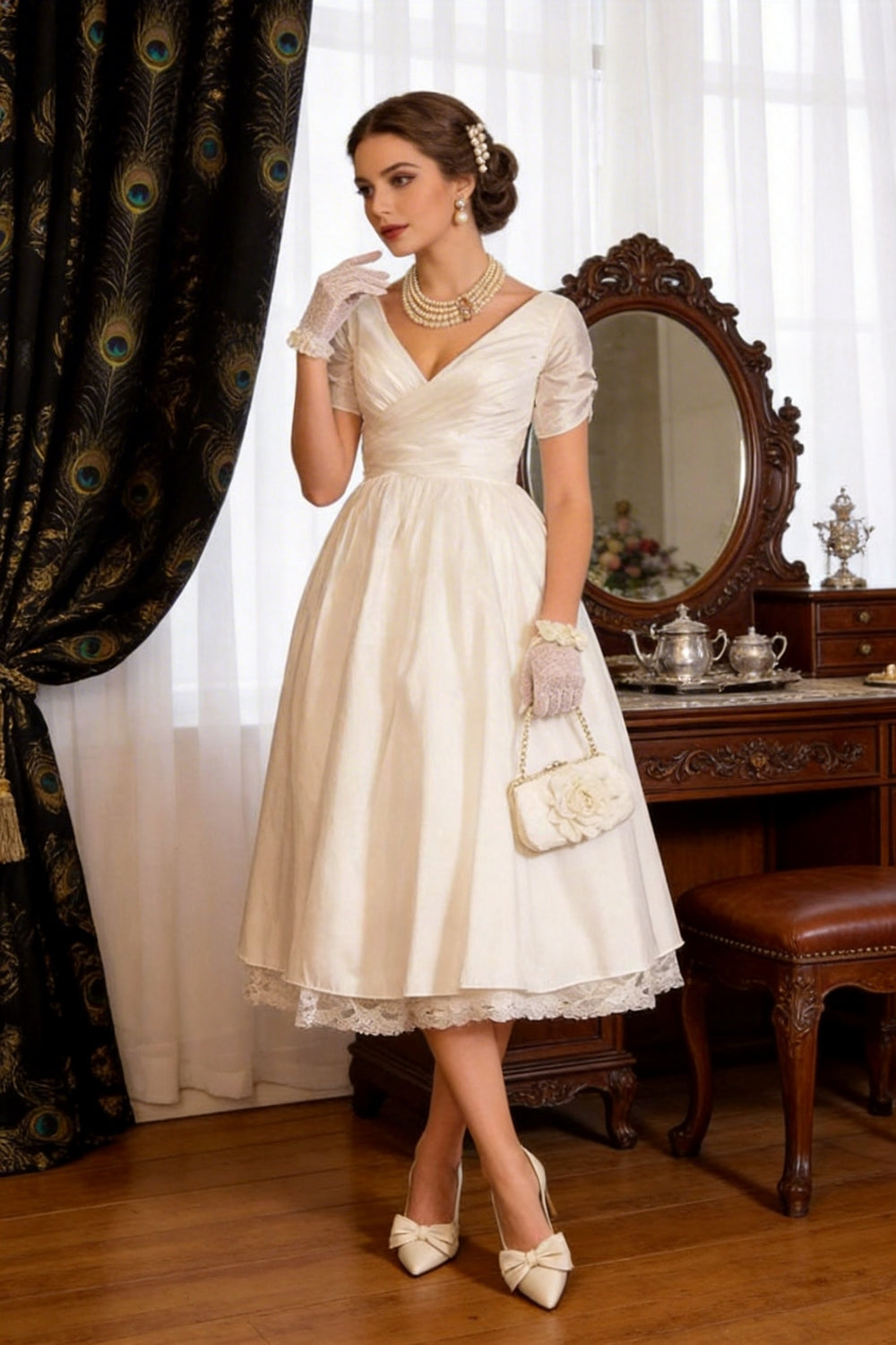 1950s vintage short A-line V-neck wedding dress with sleeves, lace and tulle, tea-length hemline, back zipper.