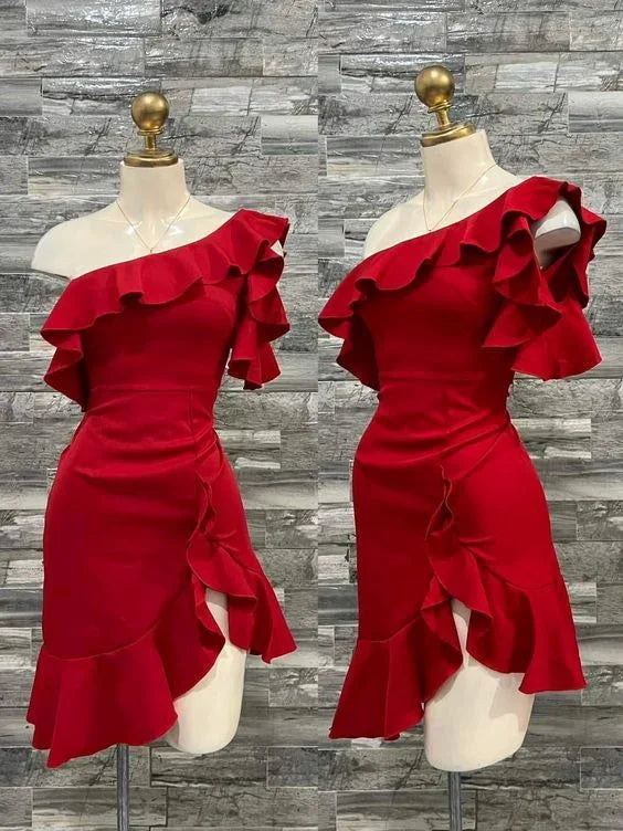 Vestido Precioso de Homecoming Rojo con un Solo Hombro Corto Mini para Cumpleaños Y7635