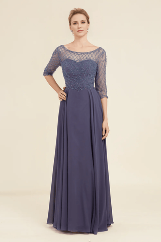 Kleid für die Brautmutter mit glitzernden Perlen in Grau und Blau
