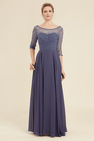 Kleid für die Brautmutter mit glitzernden Perlen in Grau und Blau