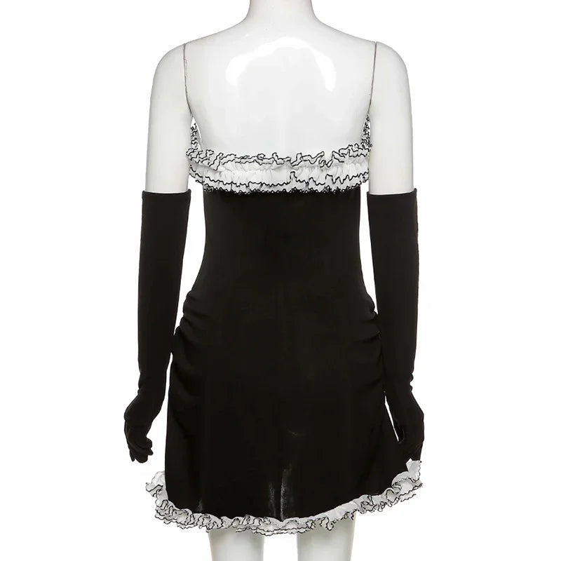 Falda Tubo para Fiesta Negra con Volante Irregular Blanco Vestido de Vendaje Negro para Baile de Graduación Y2617