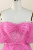 Homecoming-Kleid in A-Linie mit asymmetrischem Schulterteil, heißen pinken Rüschen und kurzem Saum Y2783