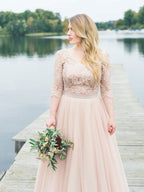 Gogerous V-neck Lace Tulle A-line 1/2 Sleeve Wedding Dresses Evening Dresses.DB10617