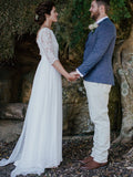 Abito da sposa lungo affascinante in chiffon e pizzo con scollo a barchetta e mezze maniche.DB10636