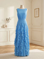 Sleeveless Tiered Chiffon Maxi Evening Gown with Ruched Bodice - as pic