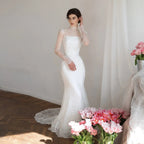 Elegant Printed Crystal Sheer Lace Mermaid Wedding Dress SW539