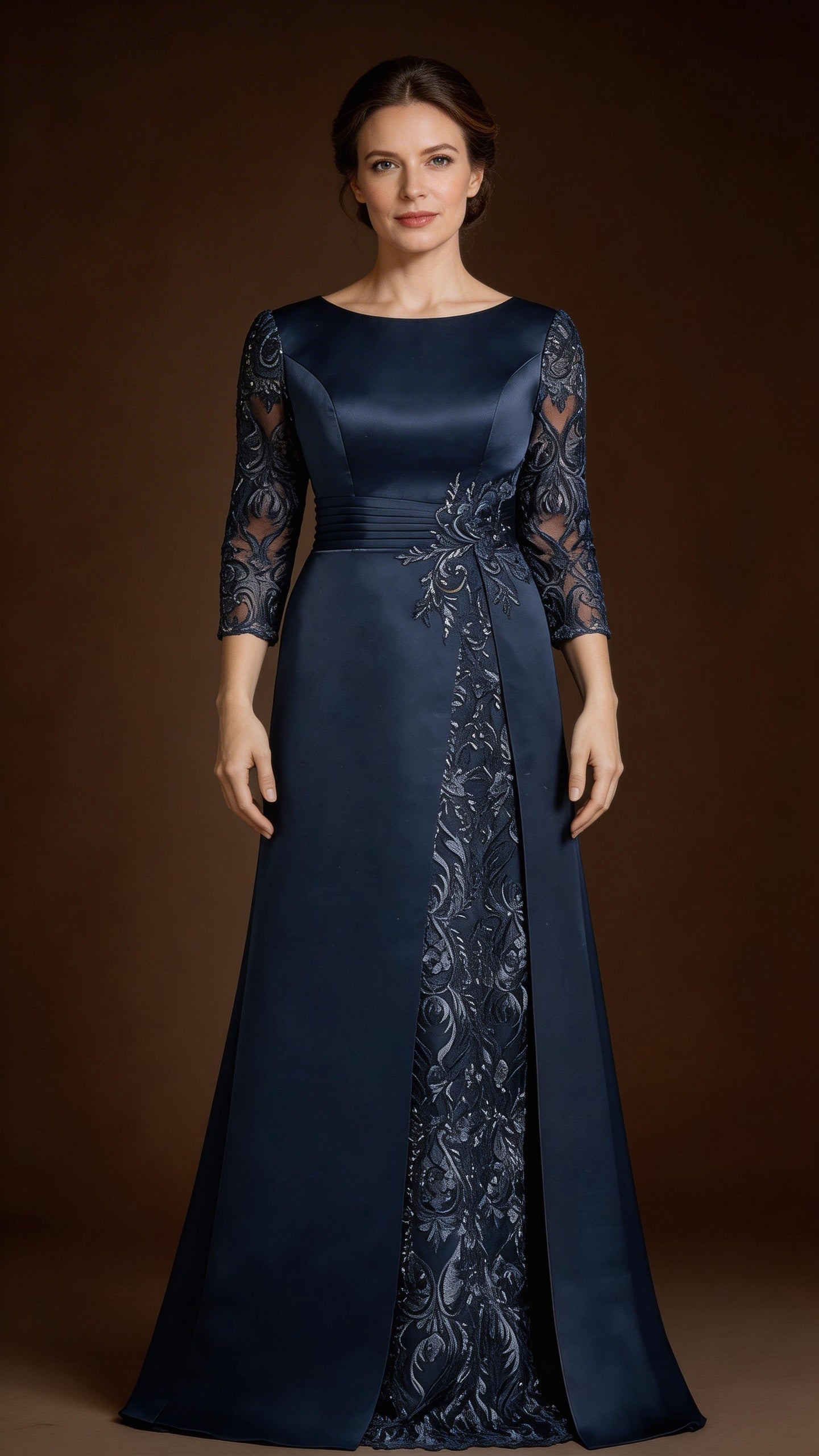 A-Line Scoop Floor-Length Lace Satin Mother Of the Bride Dress With Applique by Dreamylily