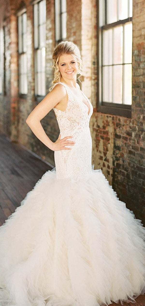 Ärmellose Spitze Open Back Organza Elfenbein Rüschen Meerjungfrau Brautkleider, WD0087