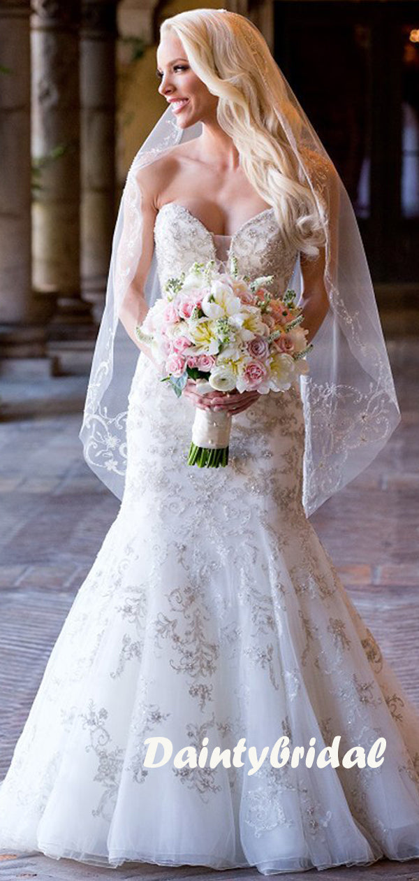 Vintage Gorgeous Beading Appliques Strapless Charming Mermaid Long Wedding Dress,DB094