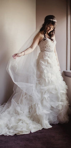 Herzausschnitt Trägerlos Elfenbein Organza Perlen Spitze Ballkleid Brautkleider, WD0131
