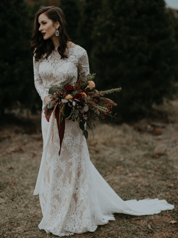 Meerjungfrau Rundhalsausschnitt Lange Ärmel Spitze Lange Brautkleider.DB10043