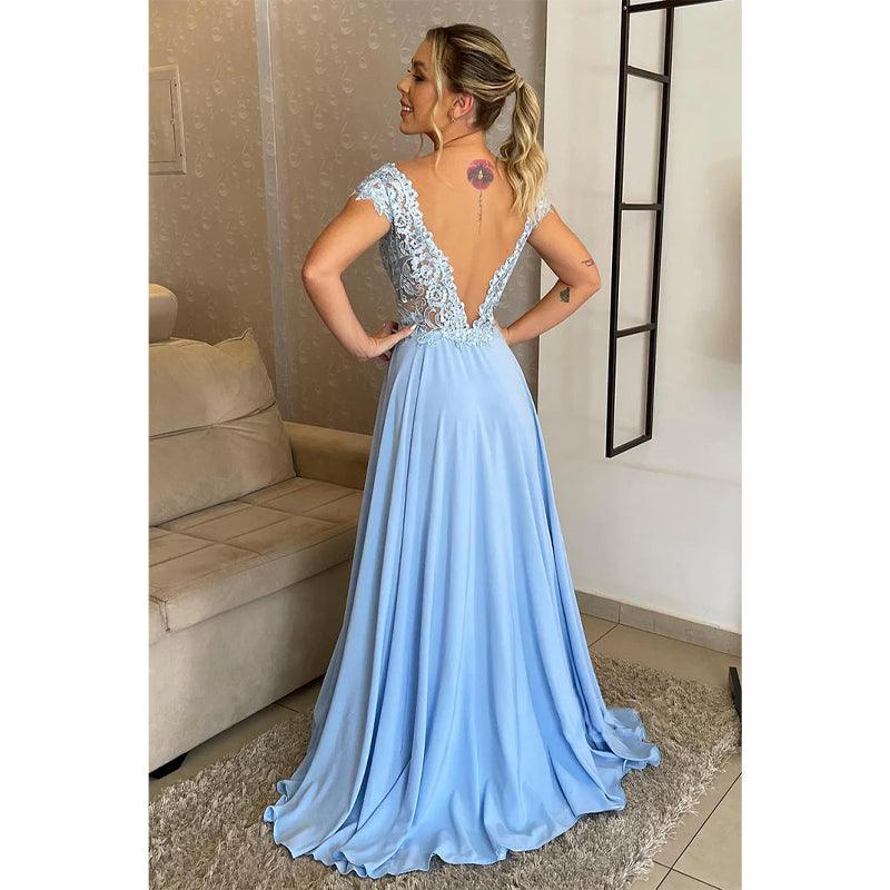 Vestido de noite comprido, sexy, com decote em V e renda, corte A, tamanho grande, para mãe da noiva 