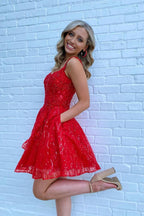 Vestidos Lindos y Rojos para el Baile de Bienvenida, Corte en A, Tela de Tul, Cierre Trasero con Cremallera y Largo Corto