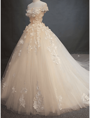 Verlobung Vintage Formale Brautkleider Kapelle Zug Ballkleid Flügelärmeln Off Shoulder Tüll Mit Perlen Applikationen