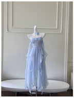 Vestido elegante de gasa azul con tirantes finos para fiesta de bienvenida o cumpleaños Y7573