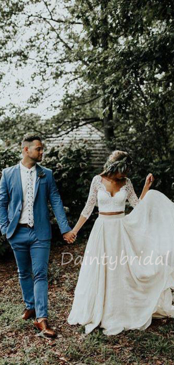 Abito da sposa lungo due pezzi in chiffon con pizzo, scollatura a V e maniche tre quarti. Modello DB10472