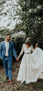 Abito da sposa lungo due pezzi in chiffon con pizzo, scollatura a V e maniche tre quarti. Modello DB10472