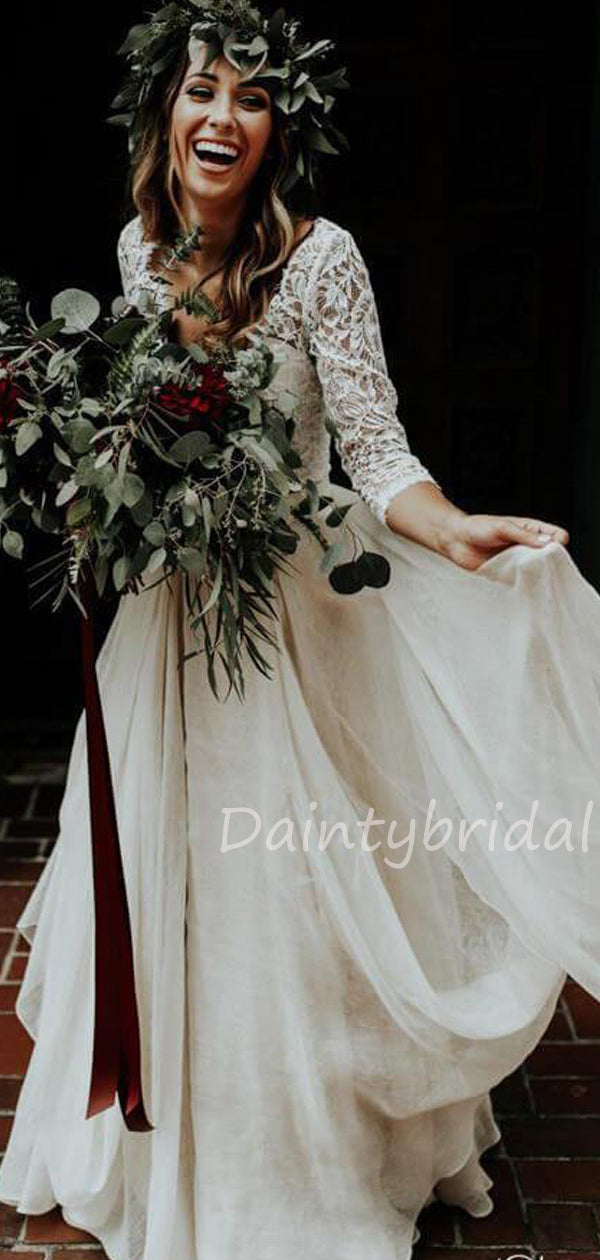 Abito da sposa lungo due pezzi in chiffon con pizzo, scollatura a V e maniche tre quarti. Modello DB10472