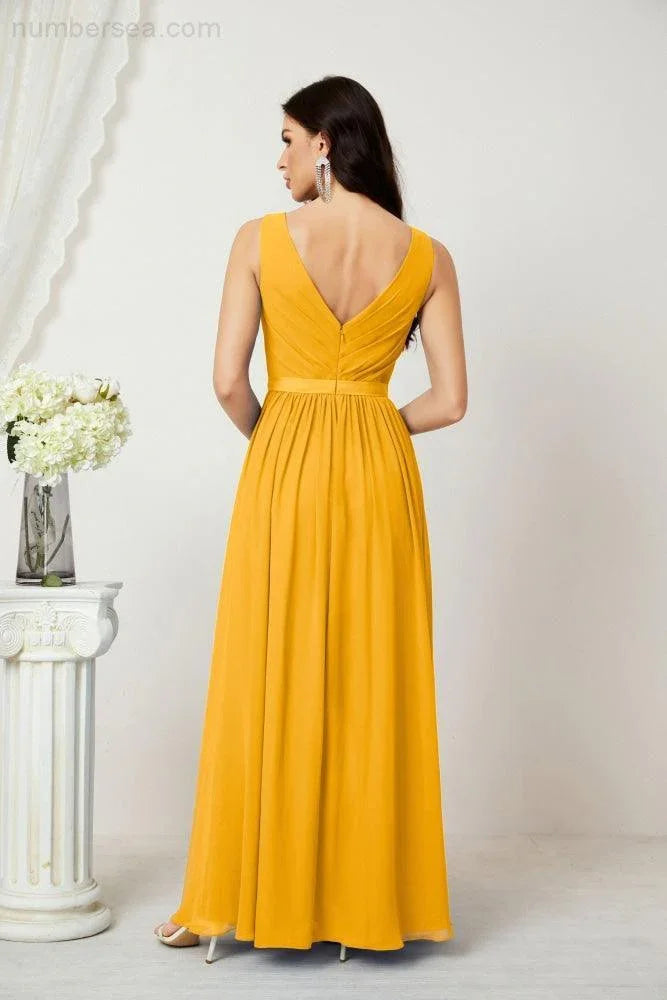 Vestido de dama de honor largo de gasa para mujer, línea A sin mangas, vestido formal de baile de graduación para fiesta nocturna, vestido de regreso a casa 2808