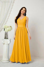 Abito da Sera Donna in Chiffon Lungo per Damigelle, Scollato, Senza Maniche, Linea A, per Feste Serali, Ballo di Fine Anno e Homecoming, Modello 2808