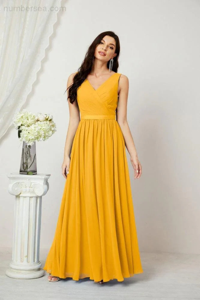 Abito da Sera Donna in Chiffon Lungo per Damigelle, Scollato, Senza Maniche, Linea A, per Feste Serali, Ballo di Fine Anno e Homecoming, Modello 2808