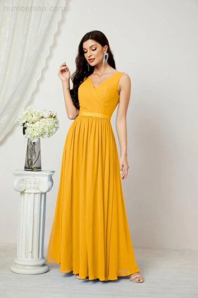 Abito da Sera Donna in Chiffon Lungo per Damigelle, Scollato, Senza Maniche, Linea A, per Feste Serali, Ballo di Fine Anno e Homecoming, Modello 2808