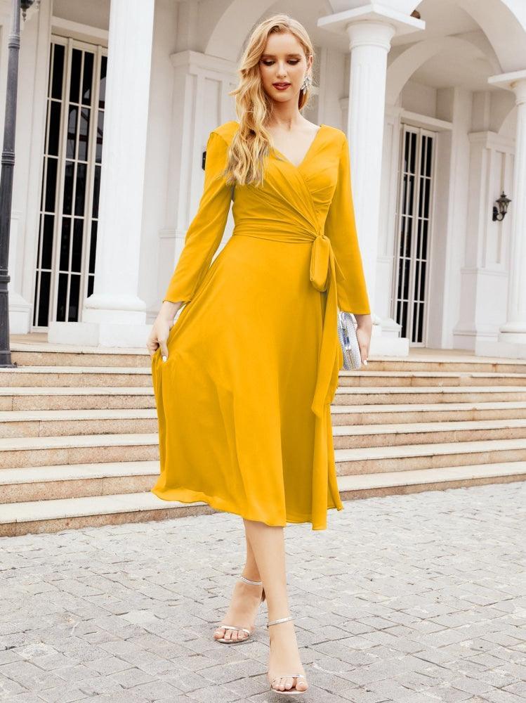 Vestido de madrinha com decote em V e cinto para mãe da noiva e convidada de casamento 28031 