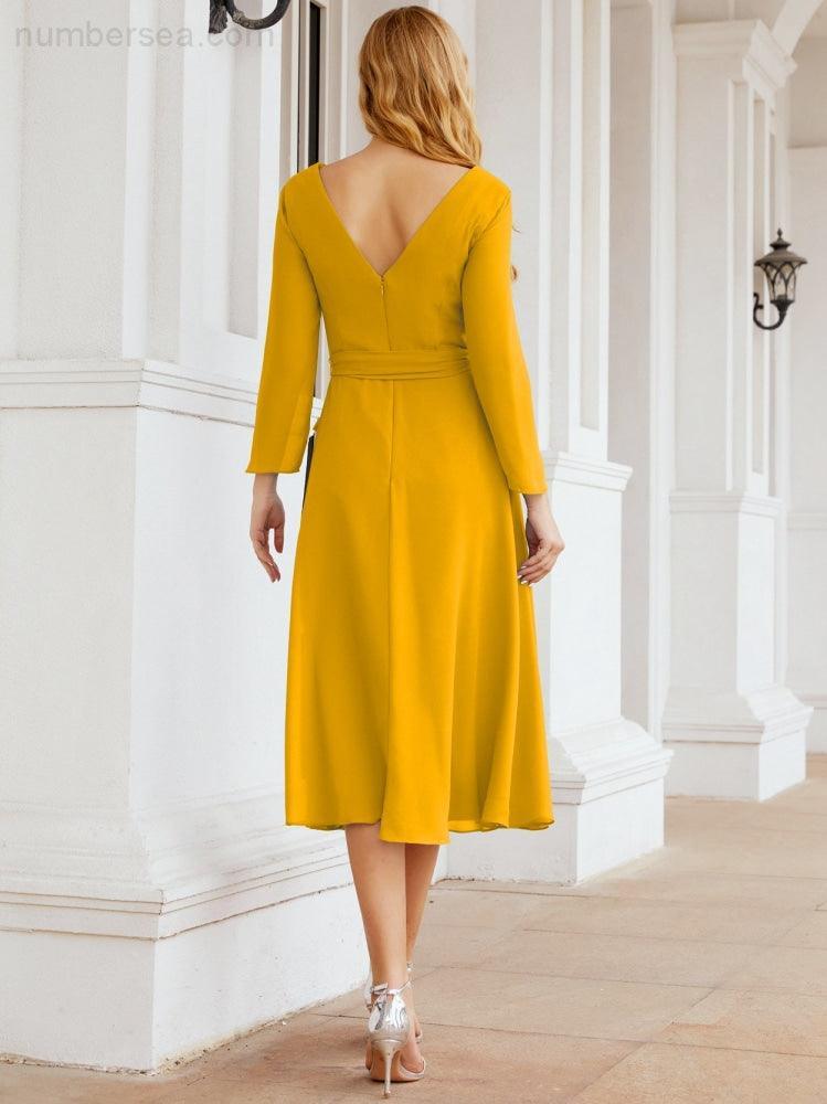 Vestido de madrinha com decote em V e cinto para mãe da noiva e convidada de casamento 28031 