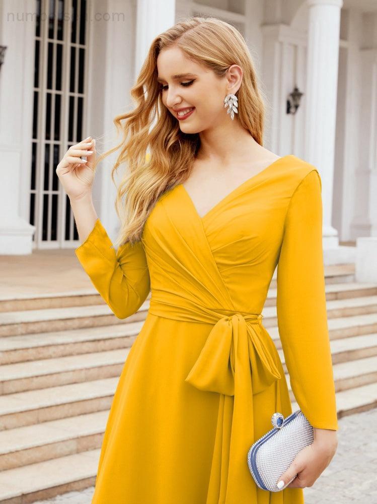 Vestido de madrinha com decote em V e cinto para mãe da noiva e convidada de casamento 28031 