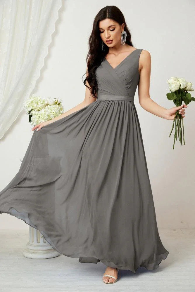 Vestido de dama de honor largo de gasa para mujer, línea A sin mangas, vestido formal de baile de graduación para fiesta nocturna, vestido de regreso a casa 2808