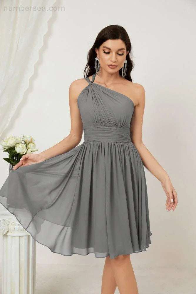 Vestido de dama de honor corto de chiffon de un hombro Numbersea para mujer Vestidos formales para fiesta y regreso a casa 2804
