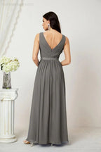 Abito da Sera Donna in Chiffon Lungo per Damigelle, Scollato, Senza Maniche, Linea A, per Feste Serali, Ballo di Fine Anno e Homecoming, Modello 2808